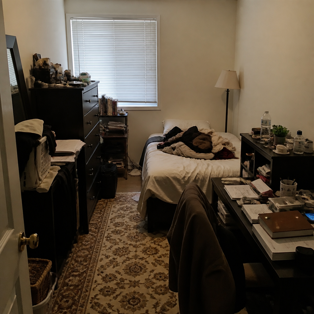 A cramped, cluttered living room before the reset