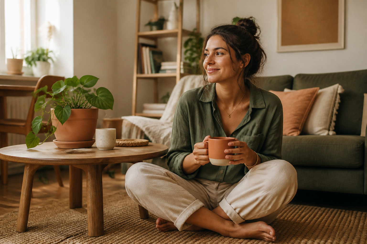 A real person relaxing and enjoying their freshly reset living space